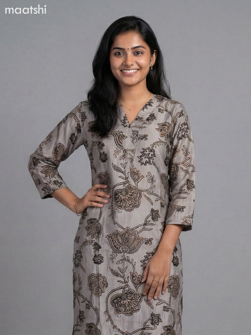 Beige and Black Semi Silk Printed Straight Suit