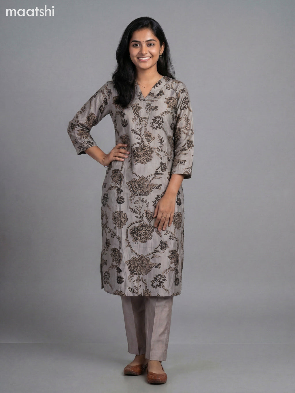 Beige and Black Semi Silk Printed Straight Suit
