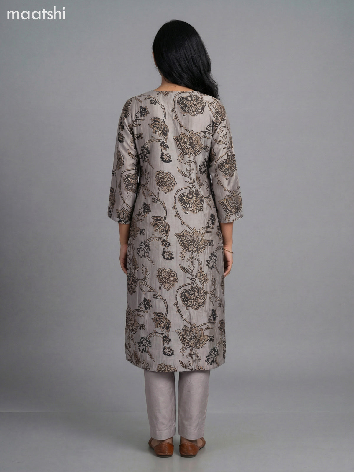 Beige and Black Semi Silk Printed Straight Suit