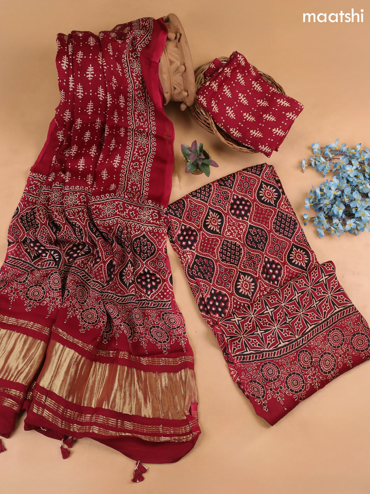 Maroon and Black Modal Dress Material With Allover Ajrak Prints