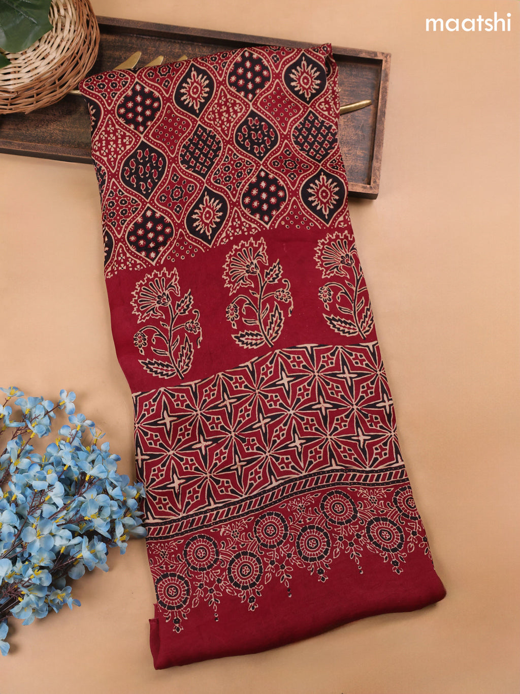 Maroon and Black Modal Dress Material With Allover Ajrak Prints