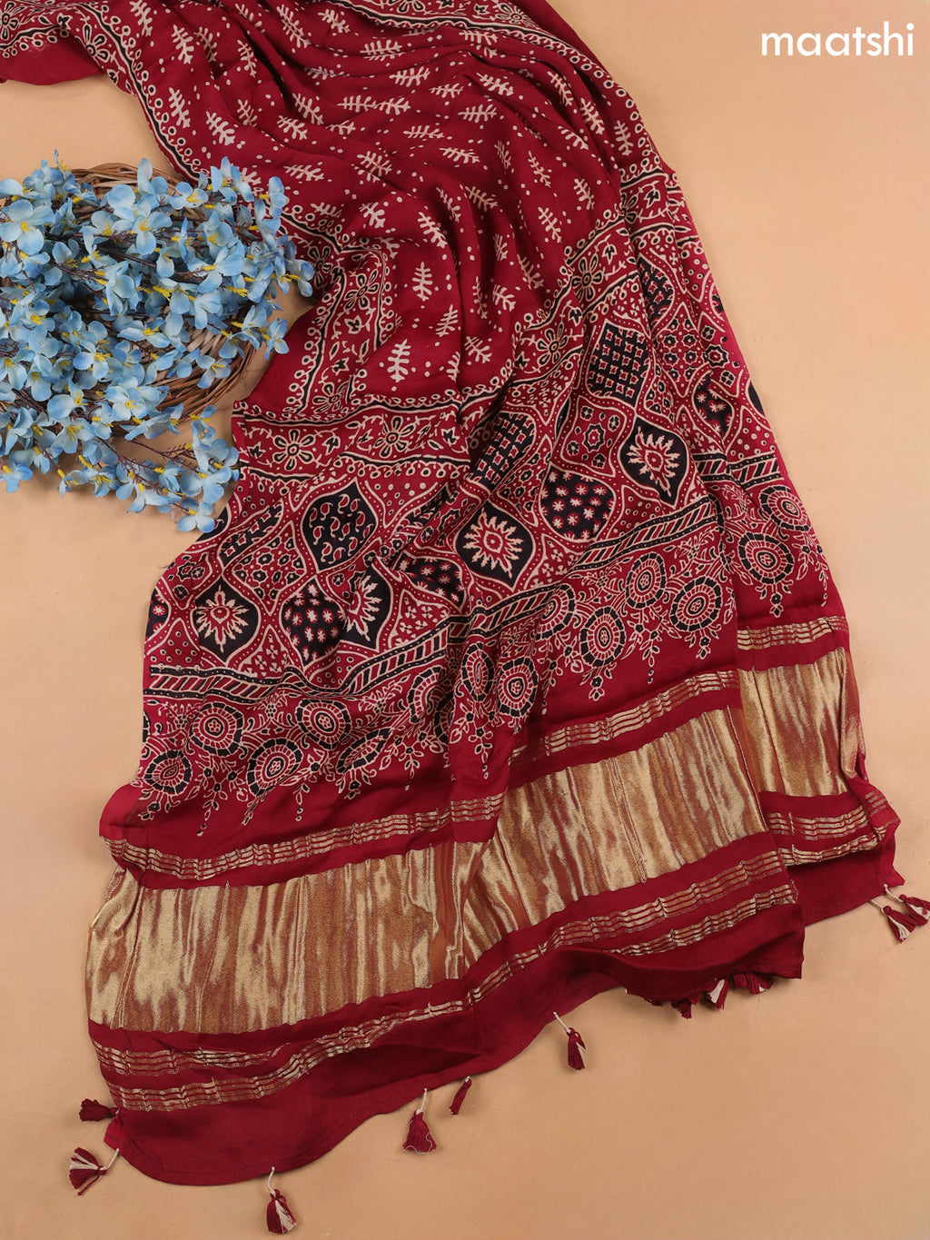 Maroon and Black Modal Dress Material With Allover Ajrak Prints