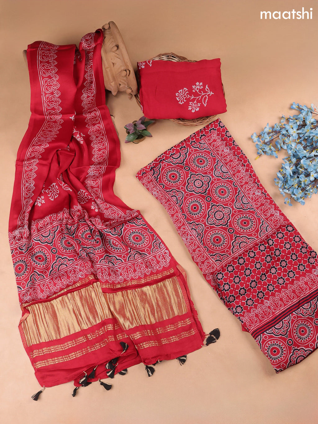 Red Modal Dress Material With Allover Ajrak Prints