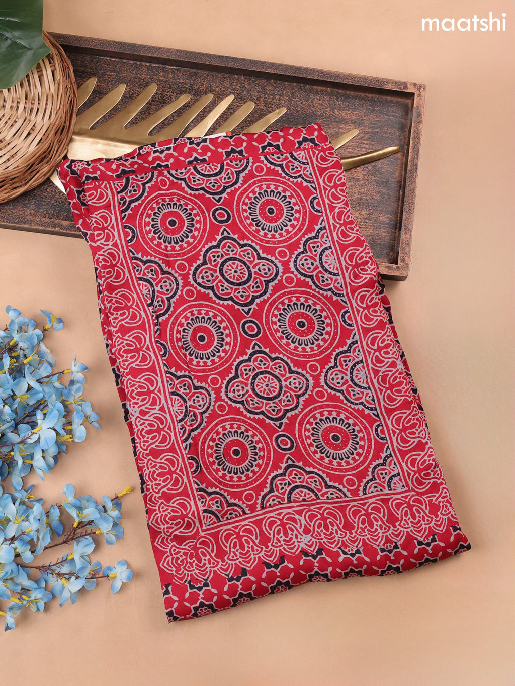 Red Modal Dress Material With Allover Ajrak Prints