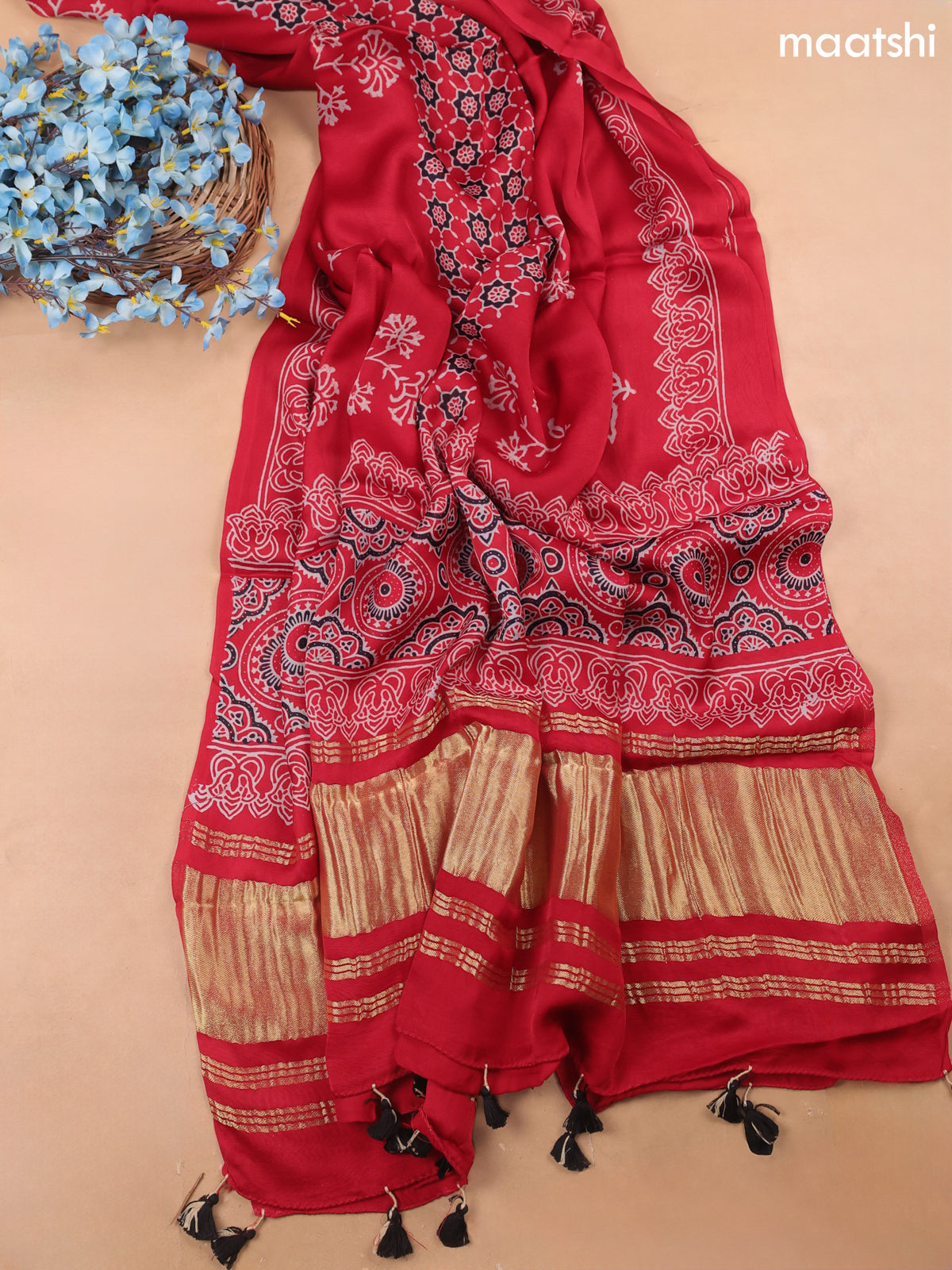 Red Modal Dress Material With Allover Ajrak Prints