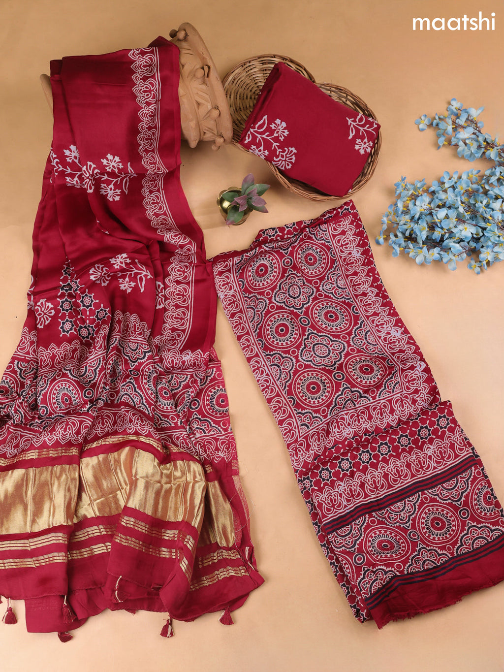 Maroon Modal Dress Material With Allover Ajrak Prints
