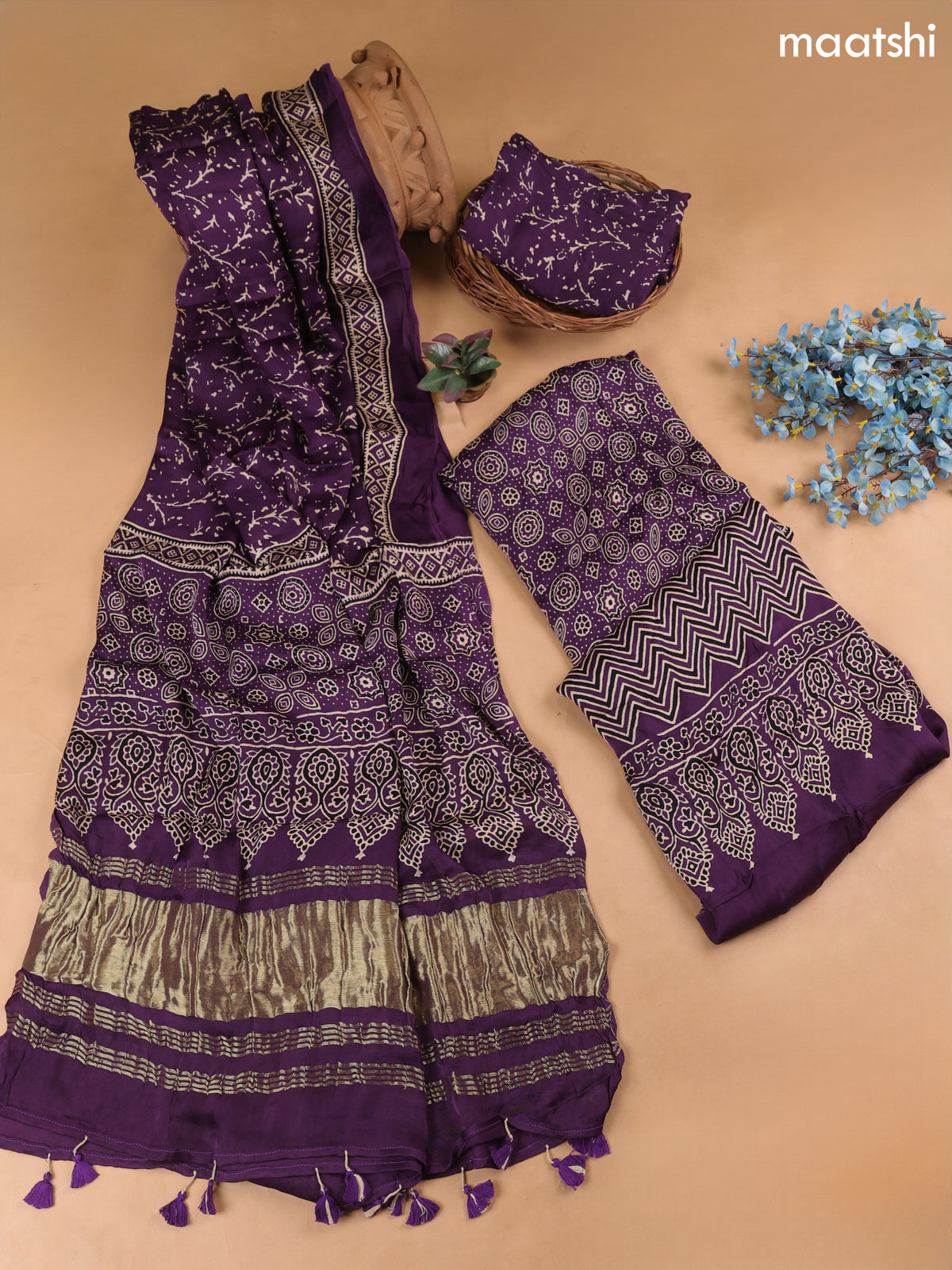 Purple Modal Dress Material With Allover Ajrak Prints