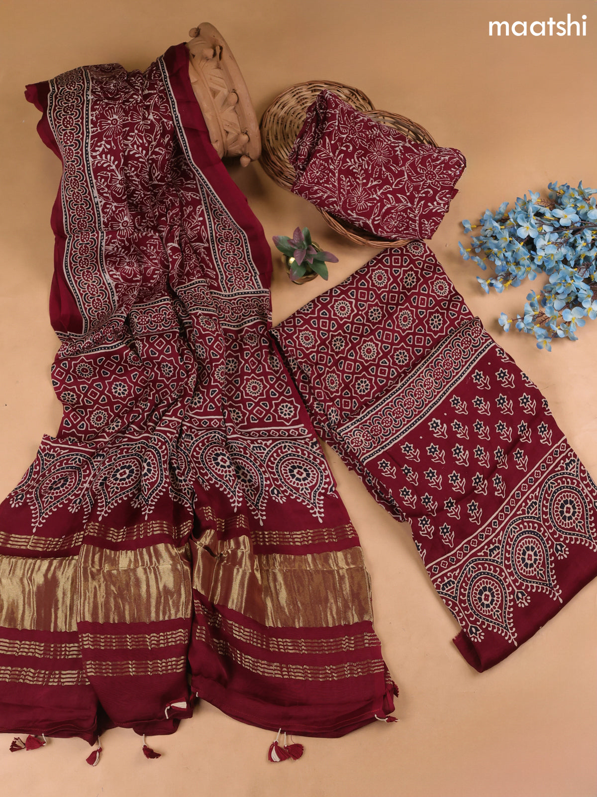 Brown and Black Modal Dress Material With Allover Ajrak Prints
