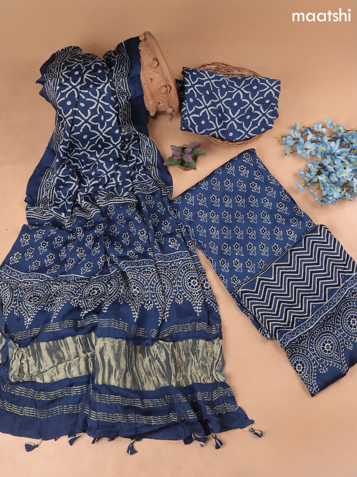 Navy Blue Modal Dress Material With Allover Floral Butta Prints