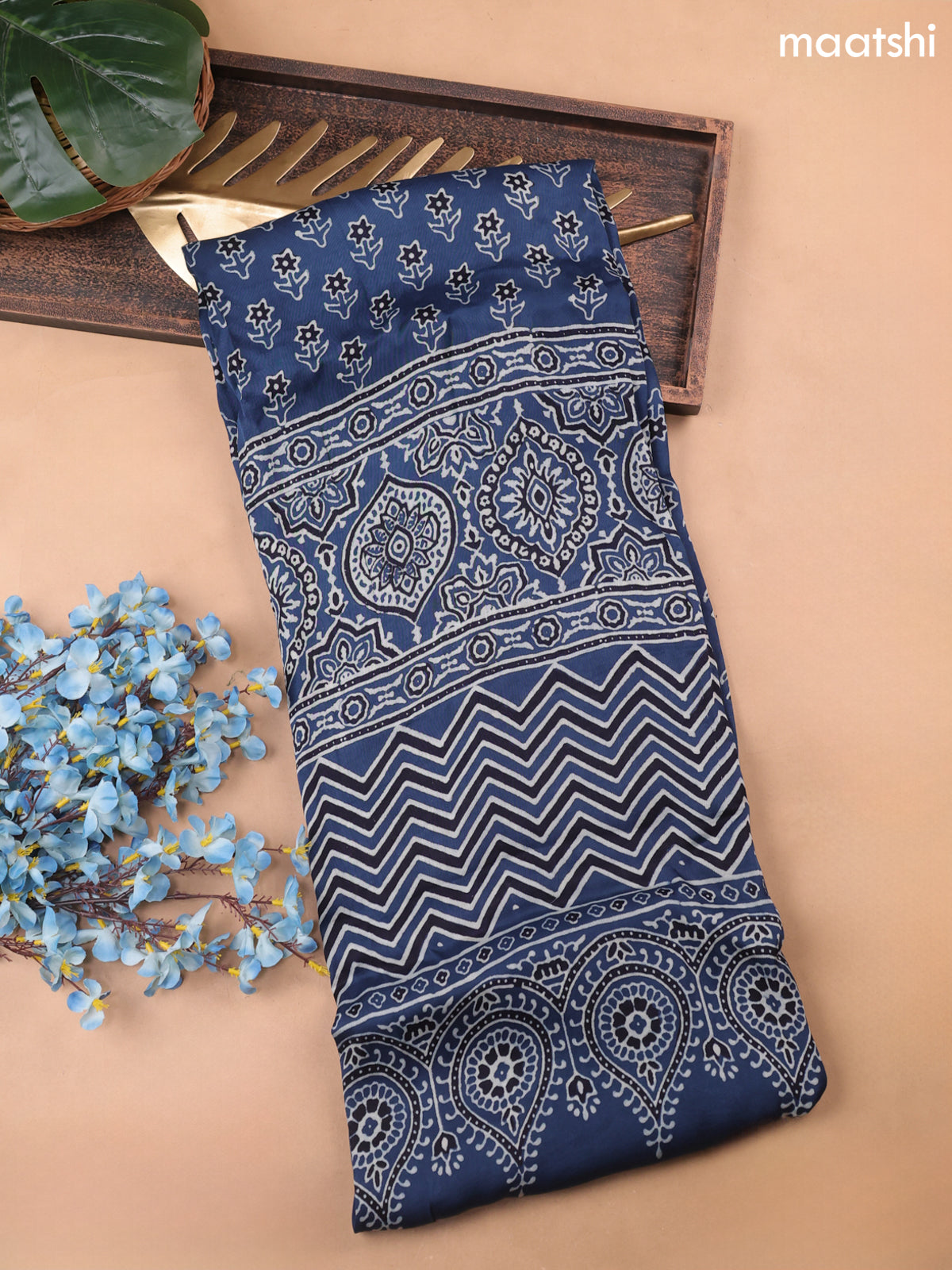 Navy Blue Modal Dress Material With Allover Floral Butta Prints