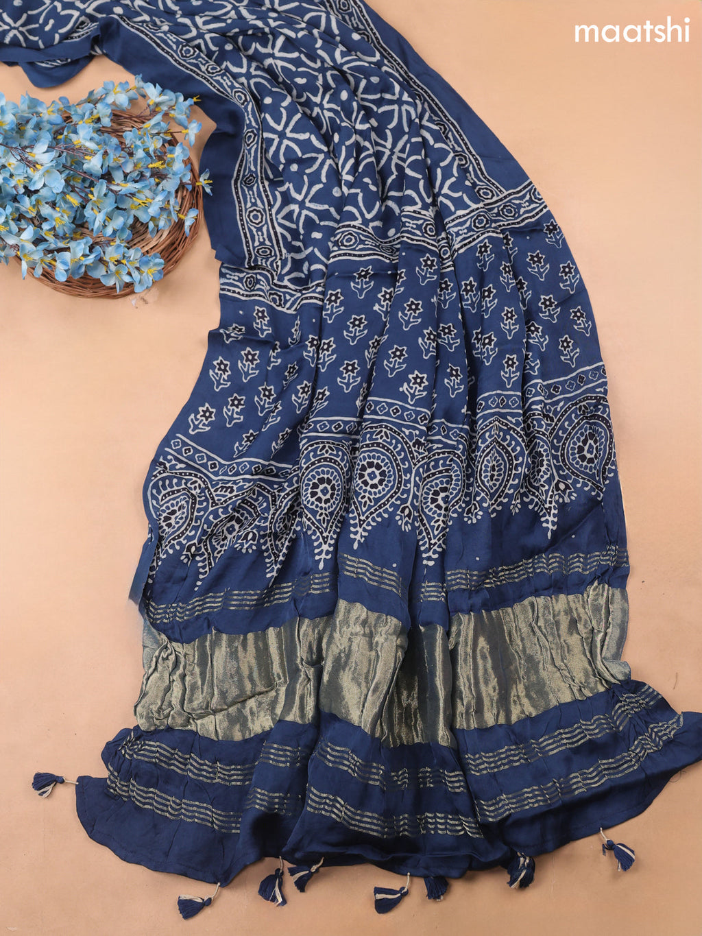 Navy Blue Modal Dress Material With Allover Floral Butta Prints