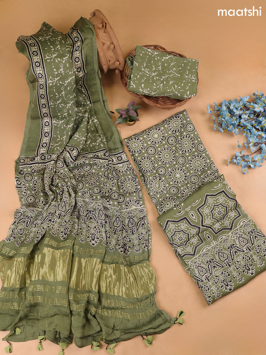 Sap Green Modal Dress Material With Allover Ajrak Prints
