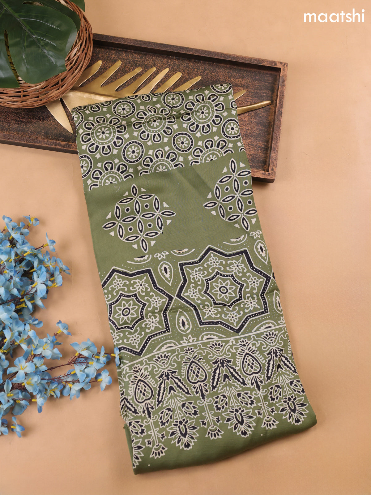 Sap Green Modal Dress Material With Allover Ajrak Prints