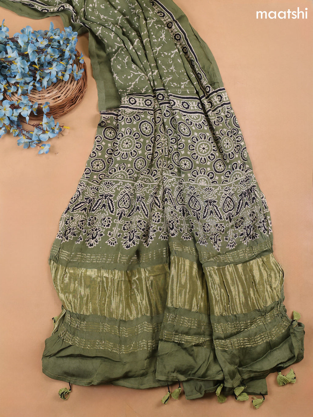 Sap Green Modal Dress Material With Allover Ajrak Prints