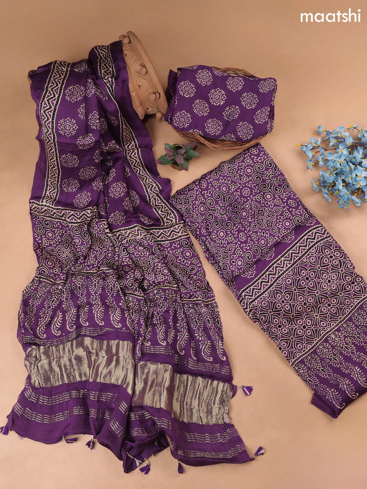 Purple Modal Dress Material With Allover Ajrak Prints
