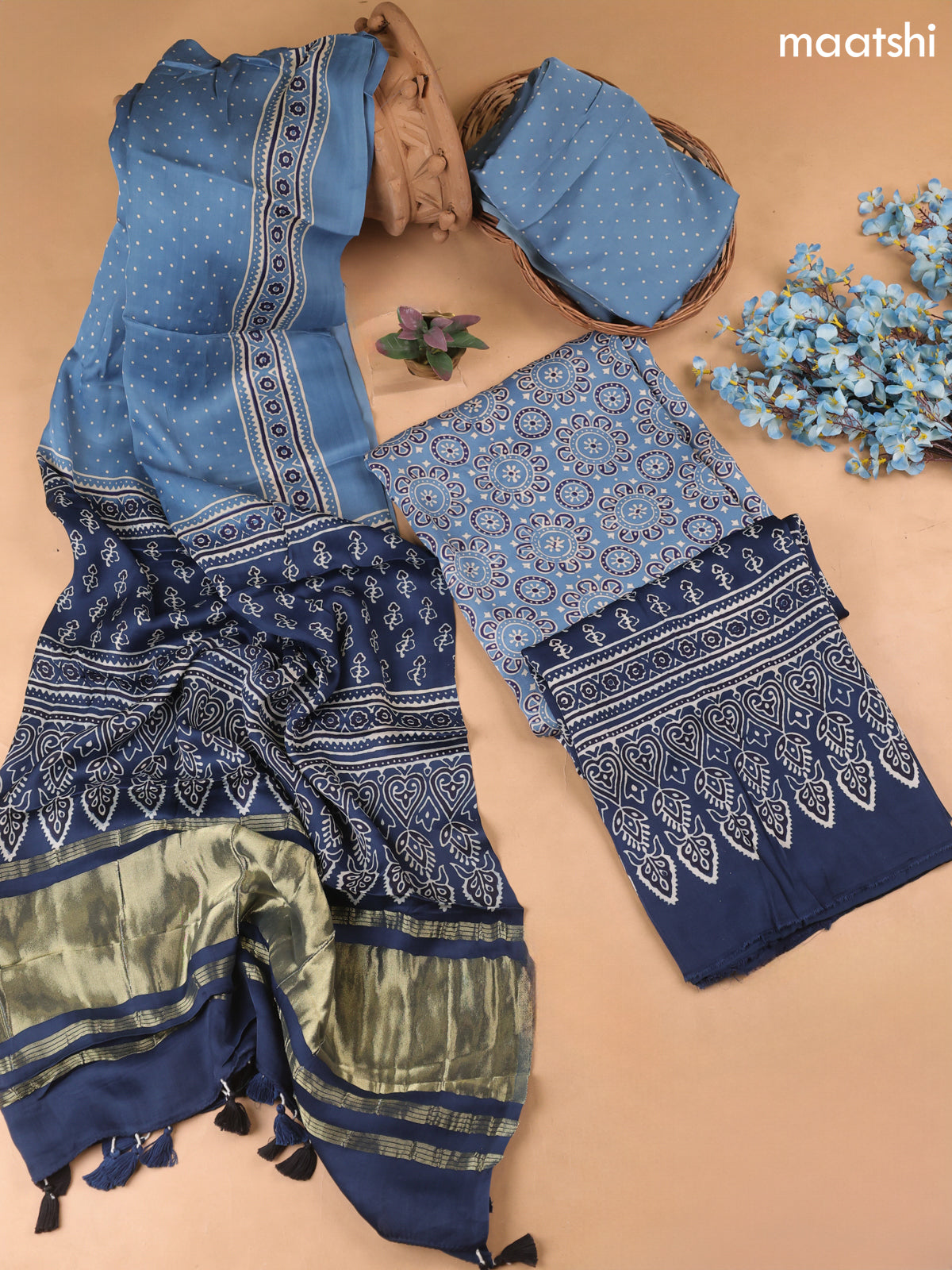 Teal Blue Modal Dress Material With Allover Ajrak Prints