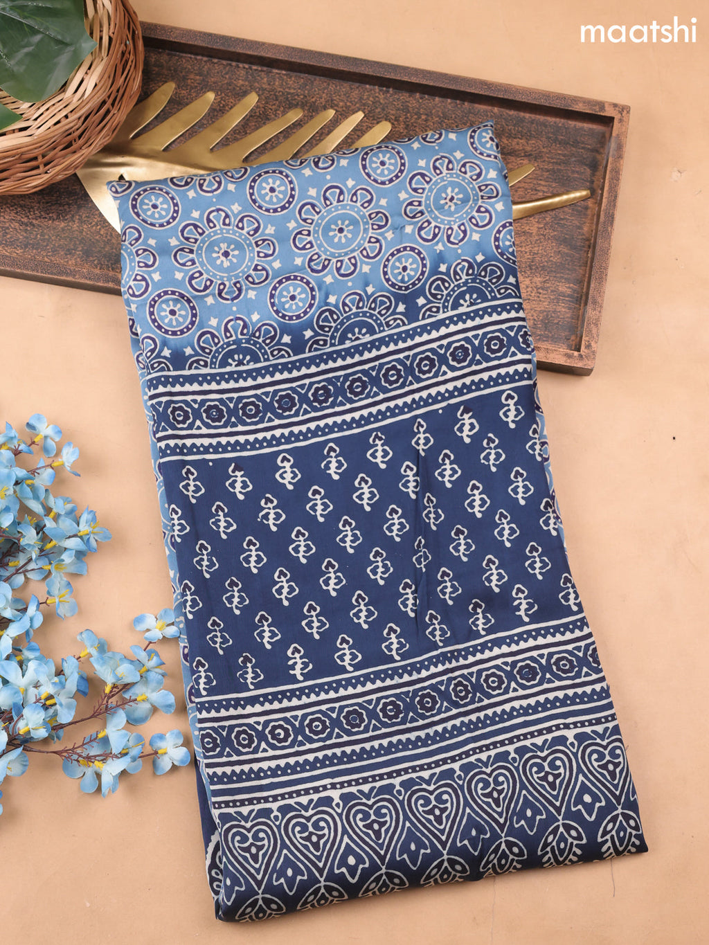 Teal Blue Modal Dress Material With Allover Ajrak Prints