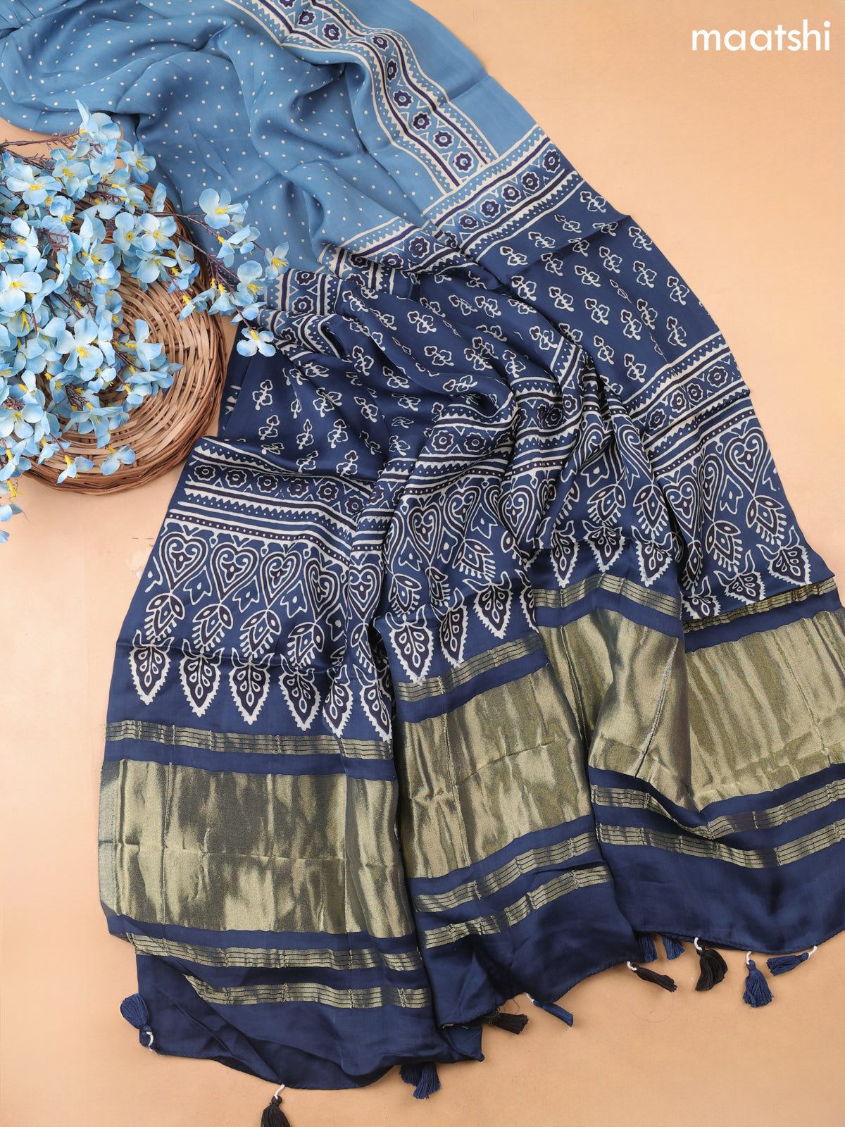 Teal Blue Modal Dress Material With Allover Ajrak Prints