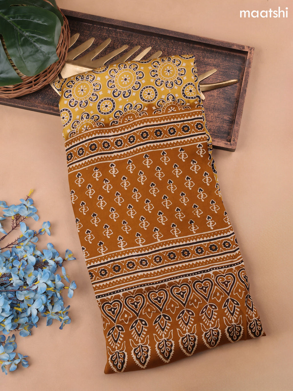 Mustard Yellow Modal Dress Material With Allover Ajrak Prints