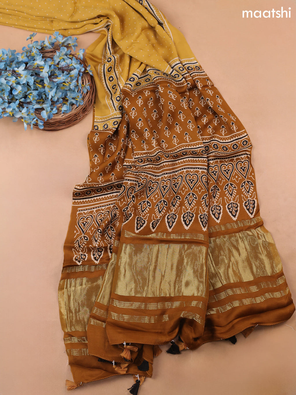 Mustard Yellow Modal Dress Material With Allover Ajrak Prints