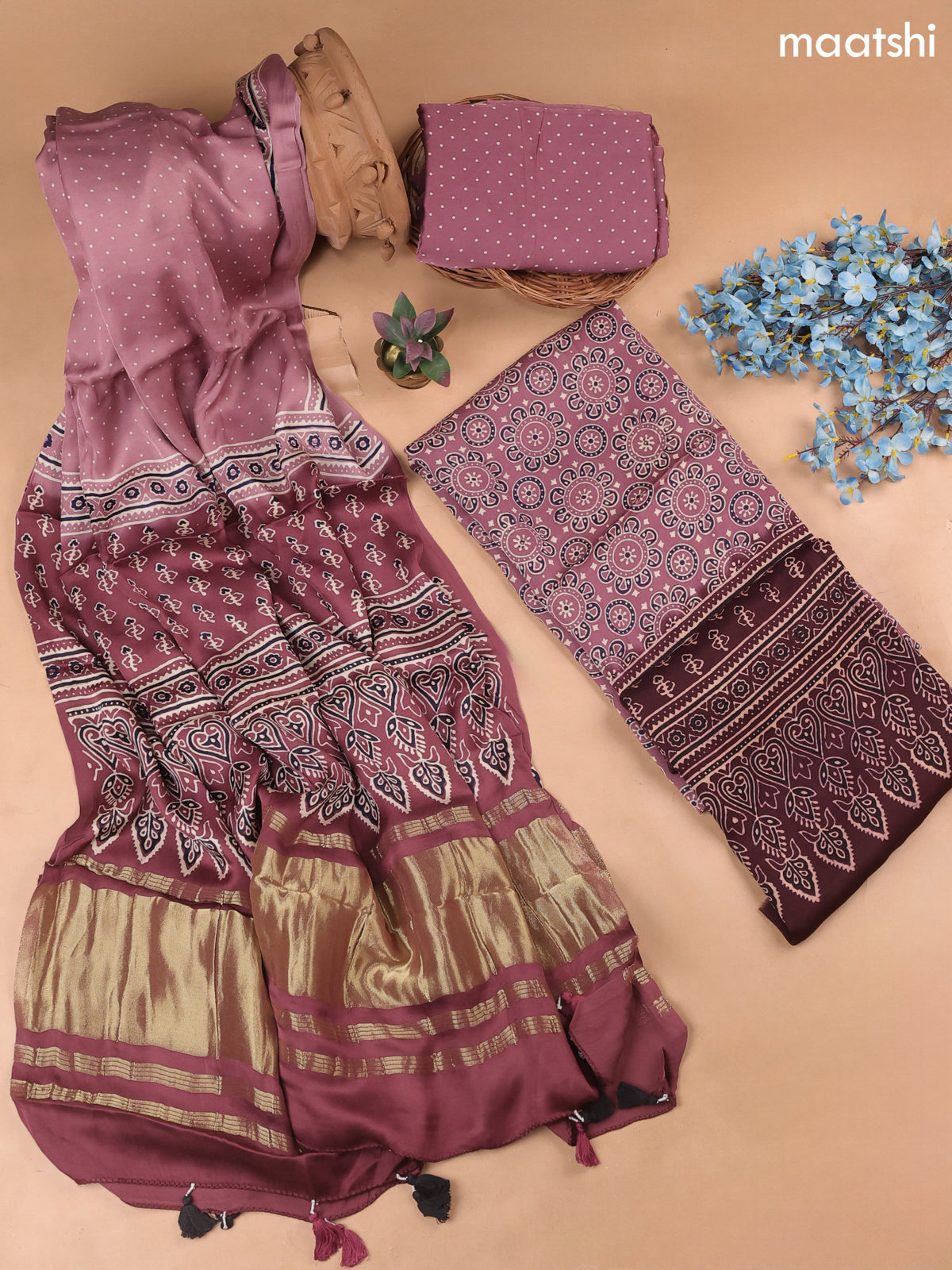 Mauve Pink Modal Dress Material With Allover Ajrak Prints