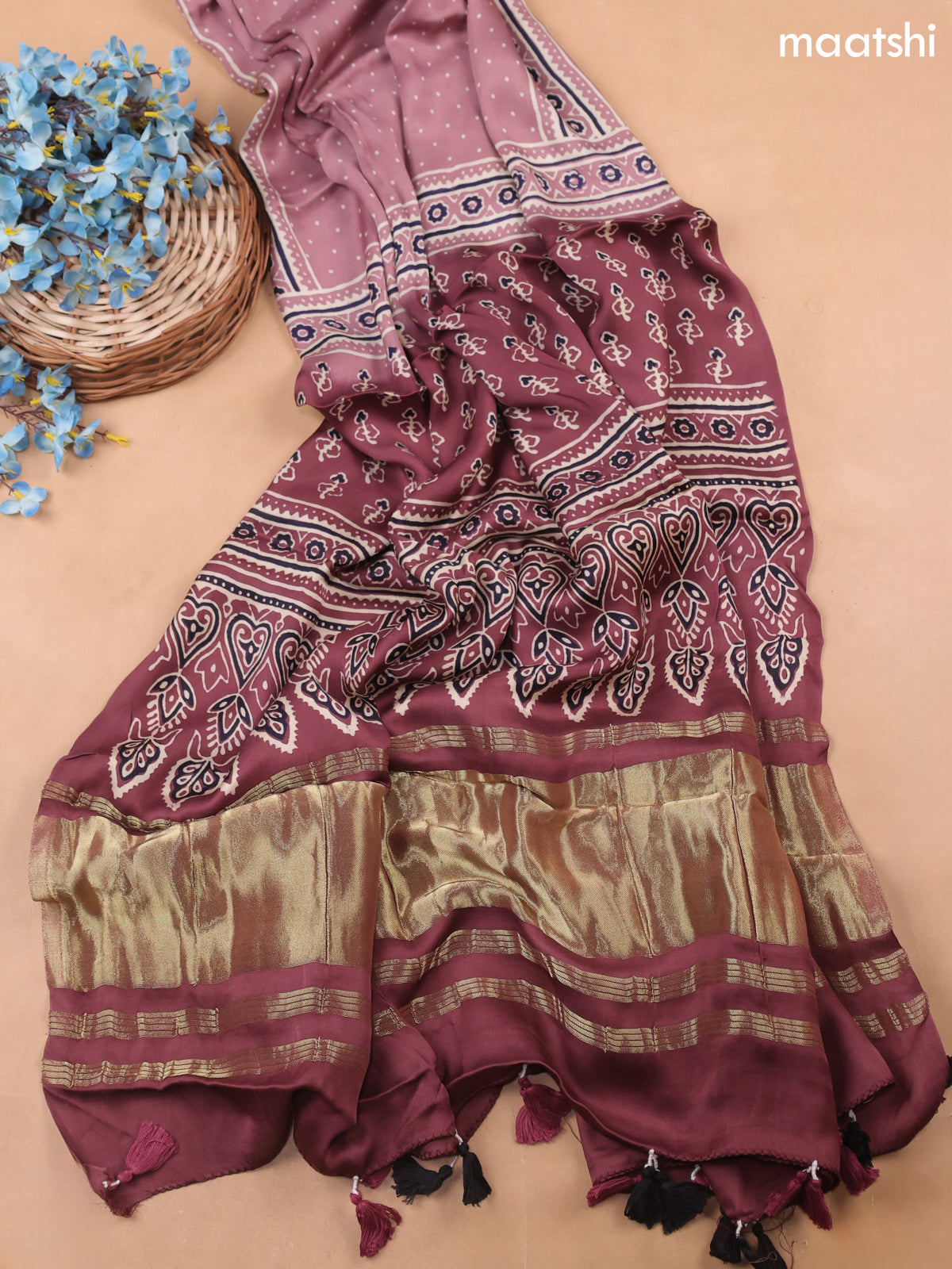 Mauve Pink Modal Dress Material With Allover Ajrak Prints
