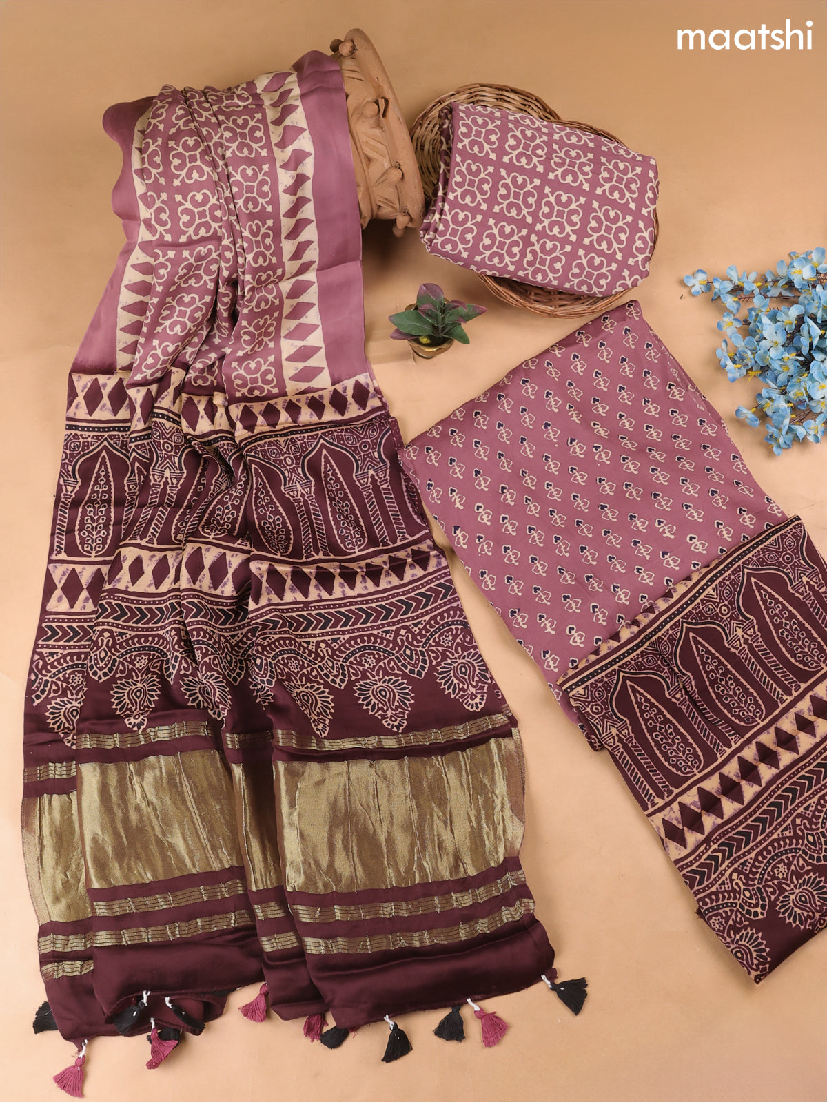 Mauve Pink Modal Dress Material With Allover Ajrak Prints