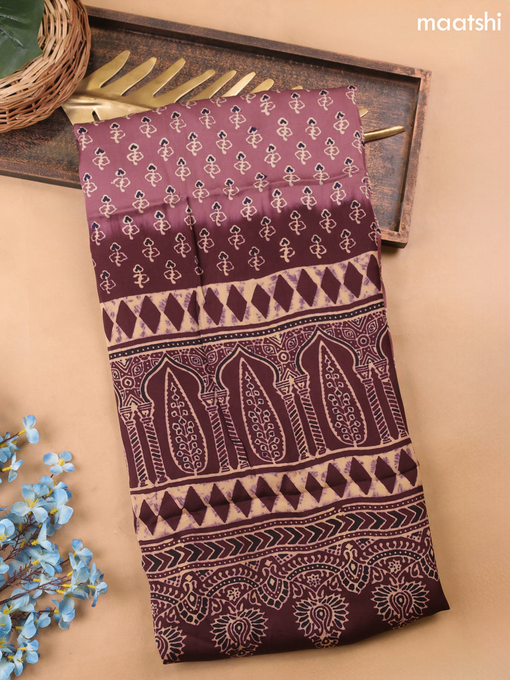 Mauve Pink Modal Dress Material With Allover Ajrak Prints