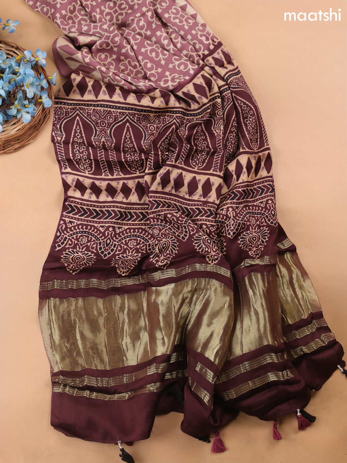 Mauve Pink Modal Dress Material With Allover Ajrak Prints
