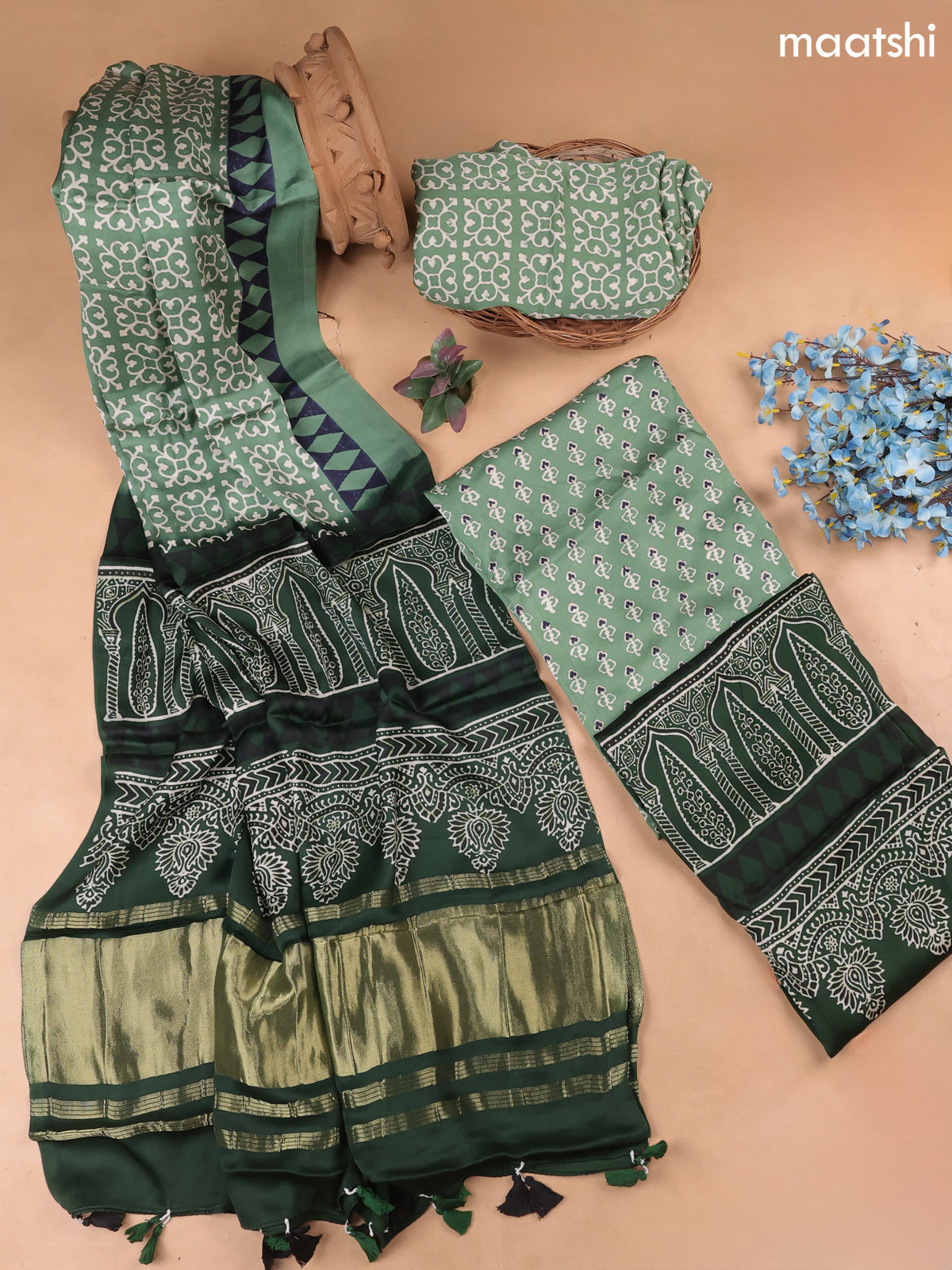 Green Modal Dress Material With Allover Ajrak Prints