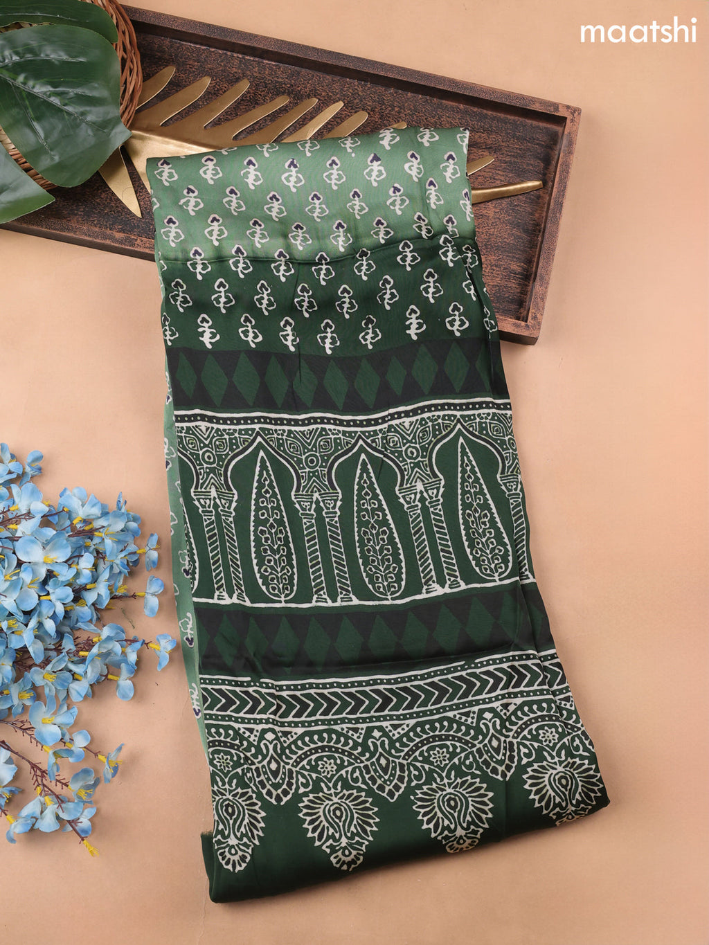 Green Modal Dress Material With Allover Ajrak Prints