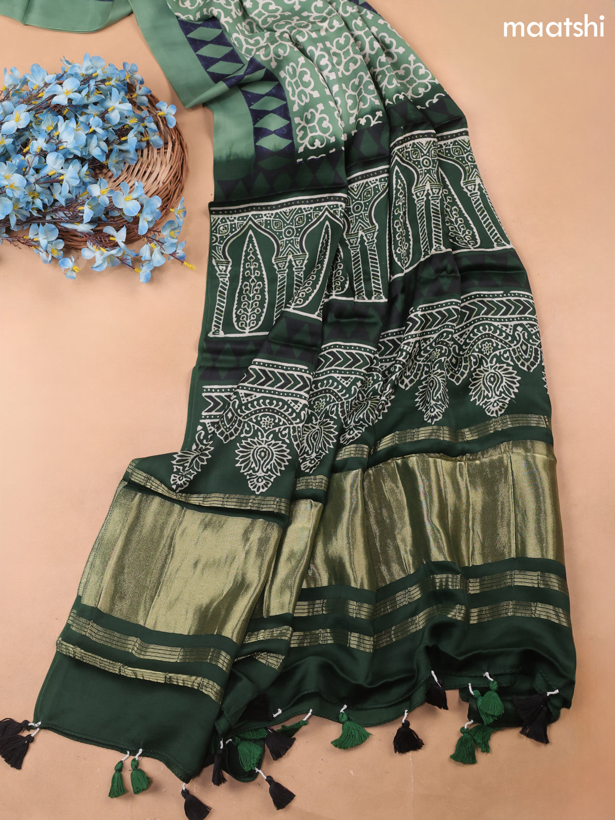 Green Modal Dress Material With Allover Ajrak Prints