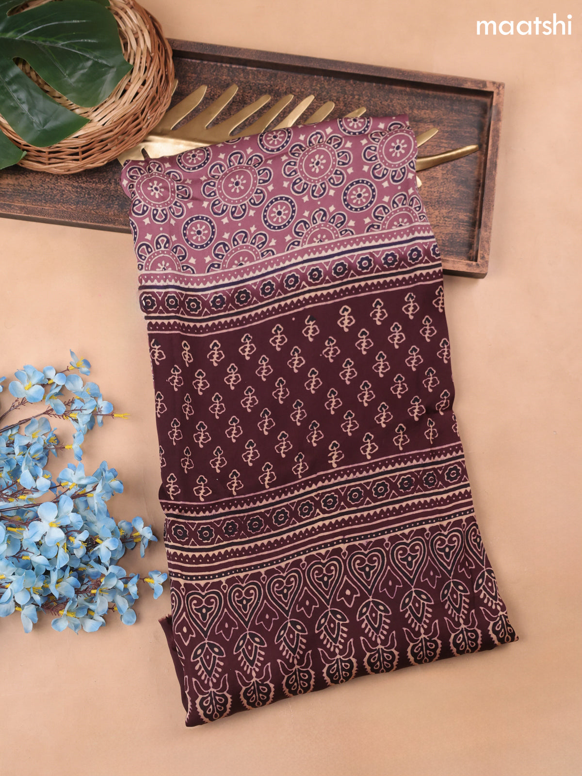 Mauve Pink and Brown Modal Dress Material With Allover Ajrak Prints