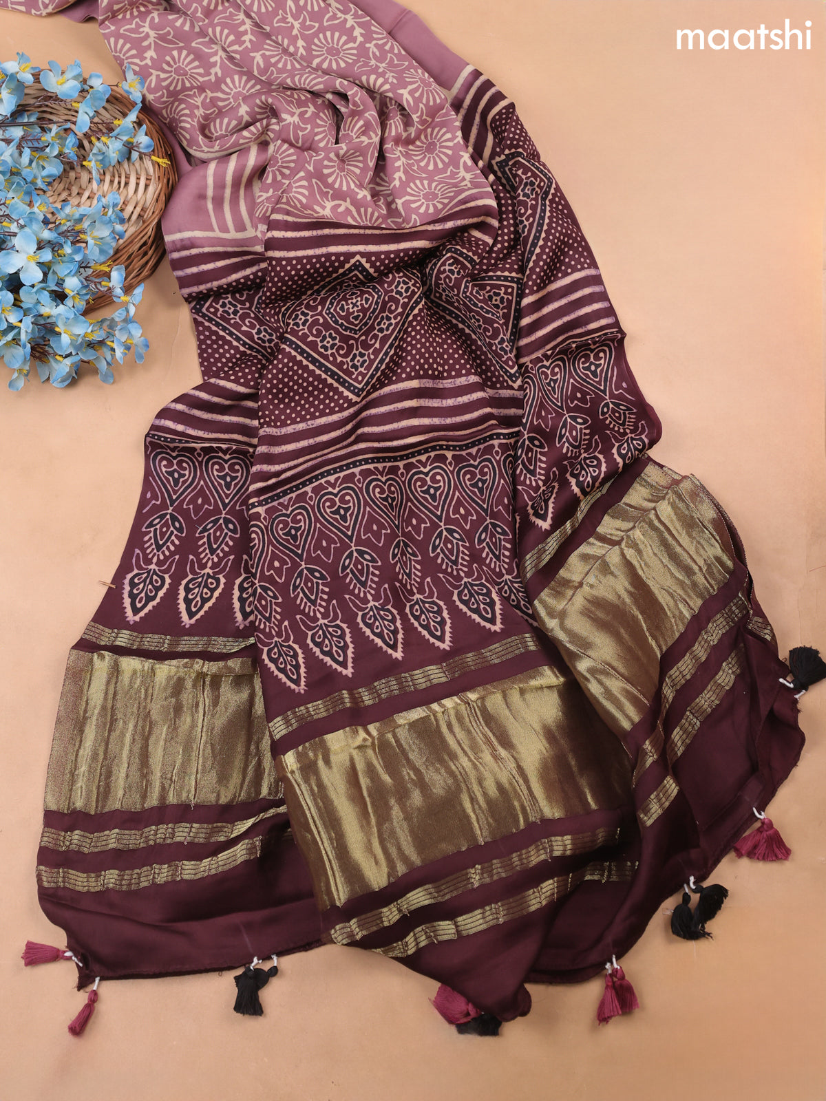 Mauve Pink and Brown Modal Dress Material With Allover Ajrak Prints