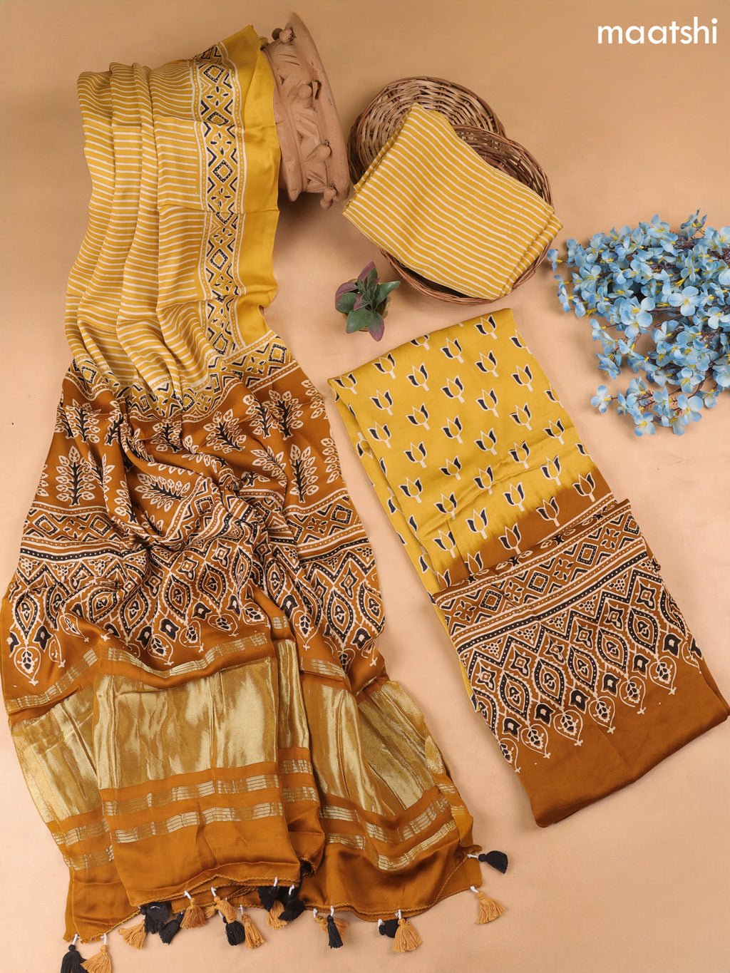 Mustard Yellow Modal Dress Material With Allover Ajrak Prints