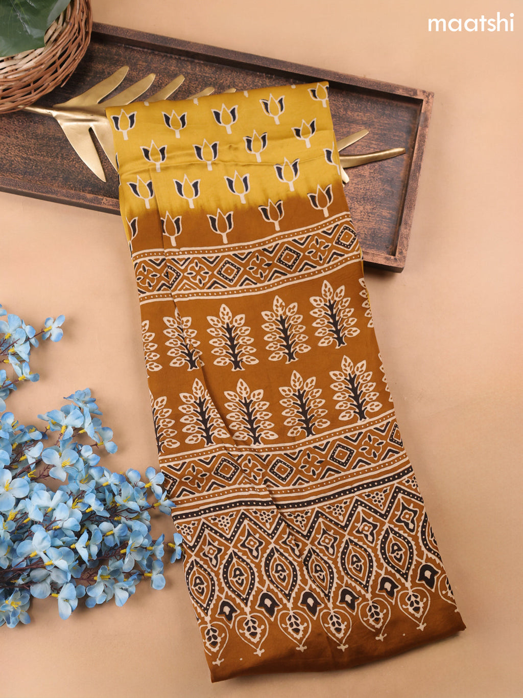 Mustard Yellow Modal Dress Material With Allover Ajrak Prints