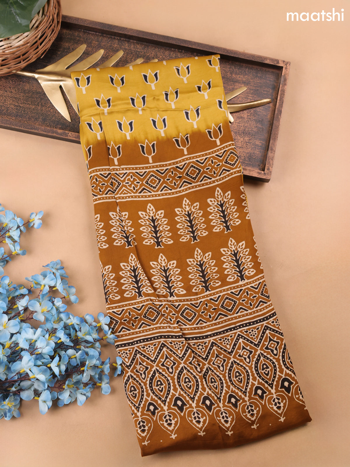 Mustard Yellow Modal Dress Material With Allover Ajrak Prints