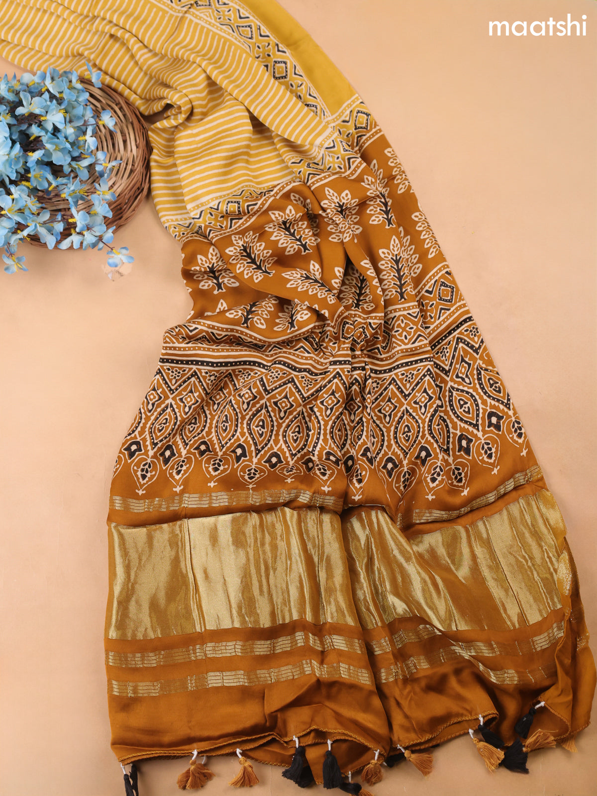 Mustard Yellow Modal Dress Material With Allover Ajrak Prints