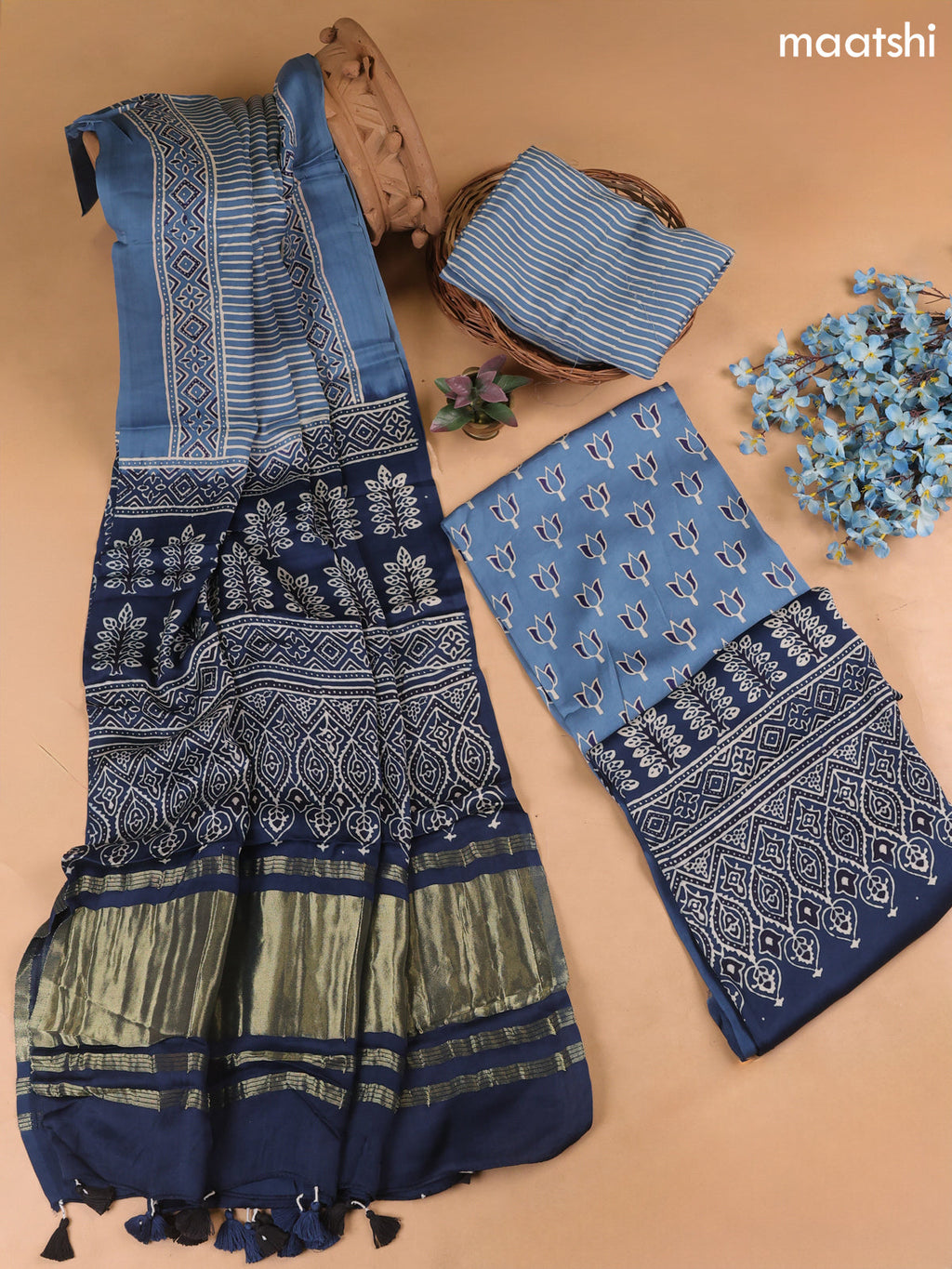 Teal Blue and Navy Blue Modal Dress Material With Allover Ajrak Prints