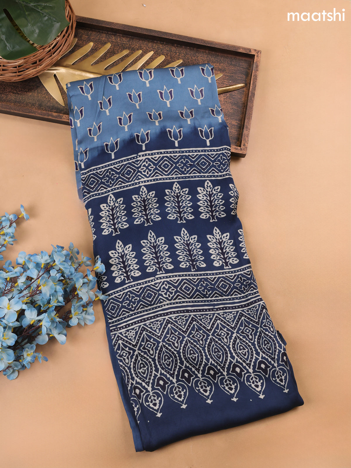 Teal Blue and Navy Blue Modal Dress Material With Allover Ajrak Prints