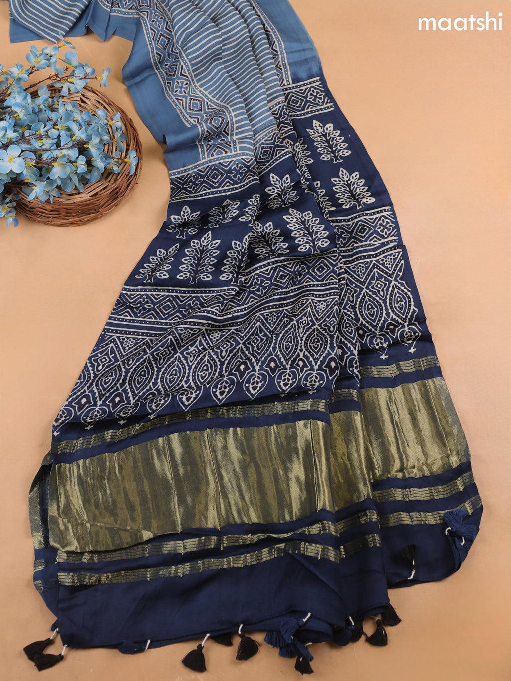 Teal Blue and Navy Blue Modal Dress Material With Allover Ajrak Prints