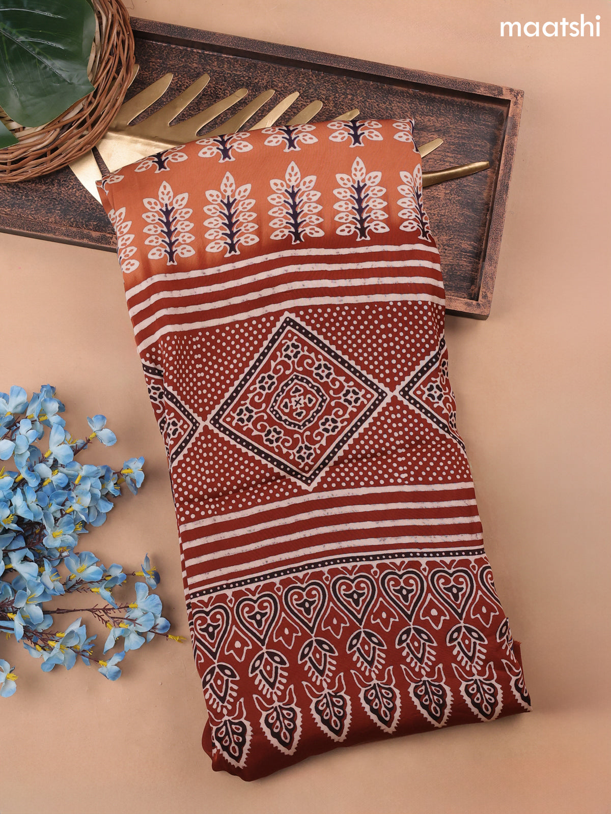 Pale Orange Modal Dress Material With Allover Ajrak Prints