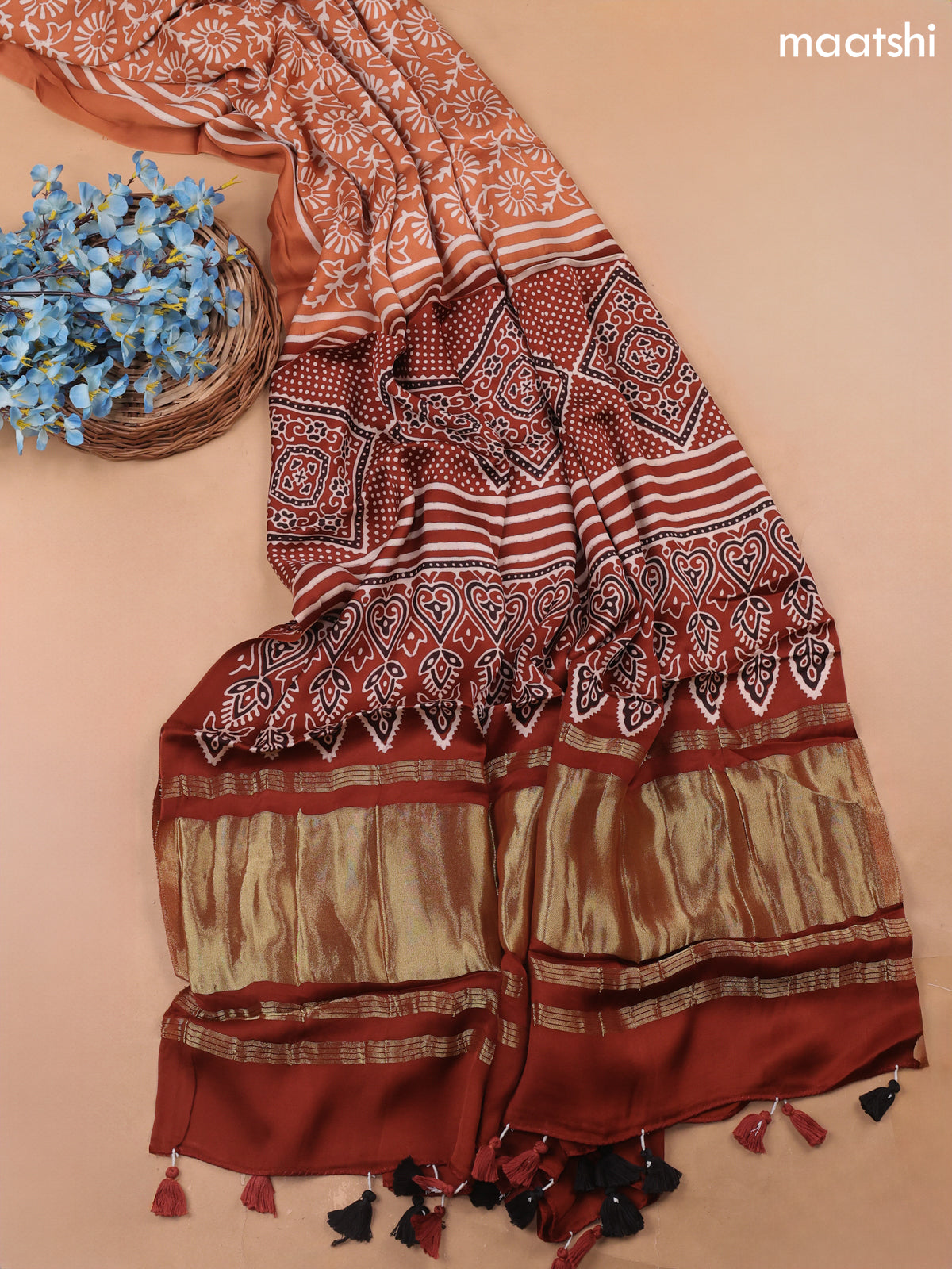 Pale Orange Modal Dress Material With Allover Ajrak Prints