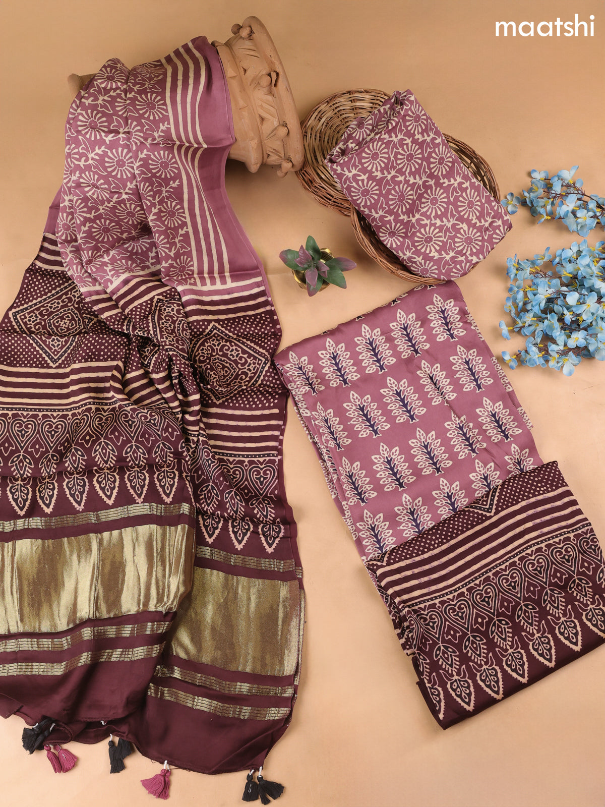 Mauve Pink Modal Dress Material With Allover Ajrak Prints