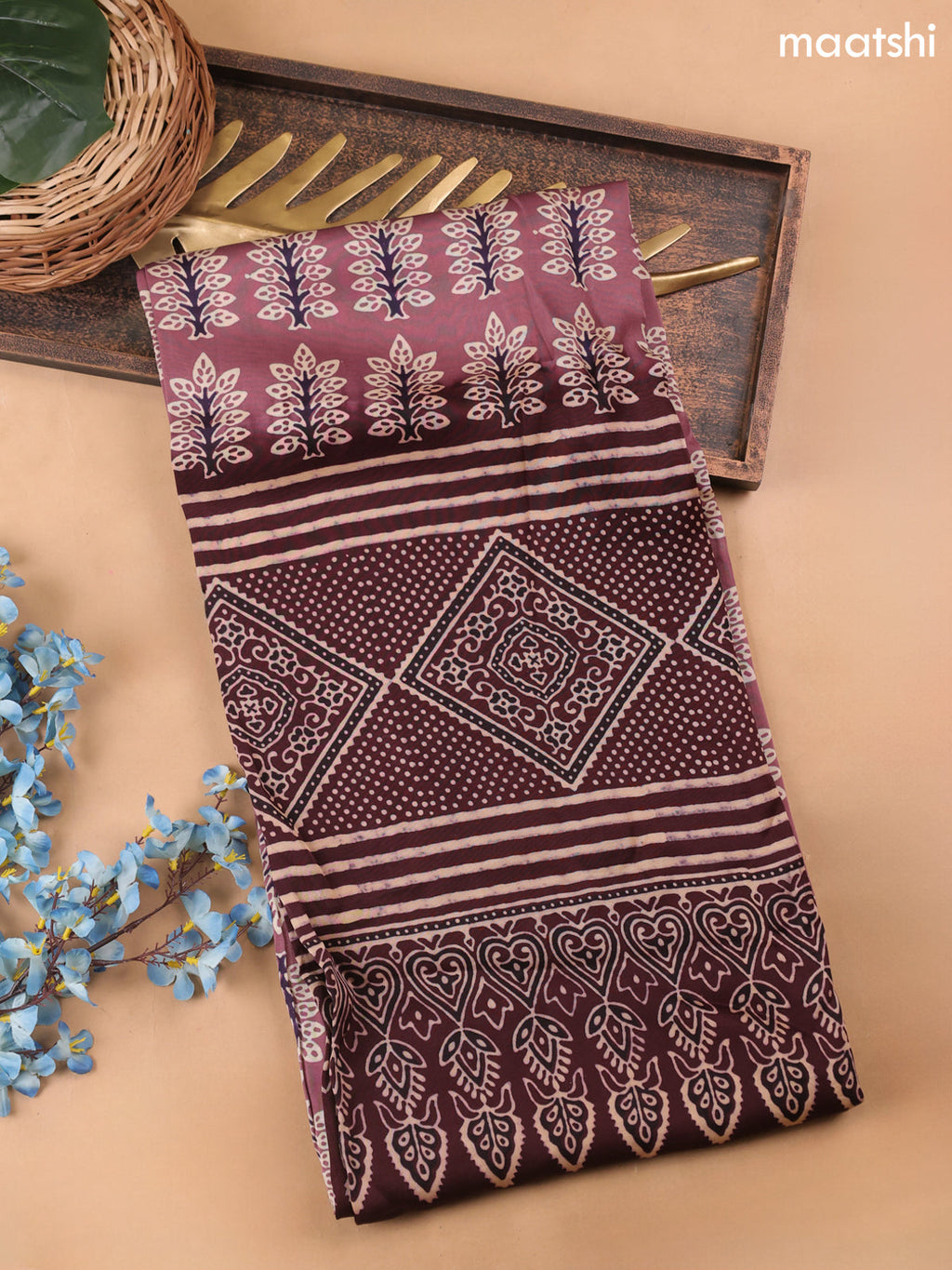 Mauve Pink Modal Dress Material With Allover Ajrak Prints