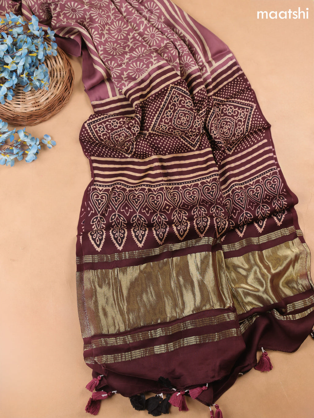 Mauve Pink Modal Dress Material With Allover Ajrak Prints