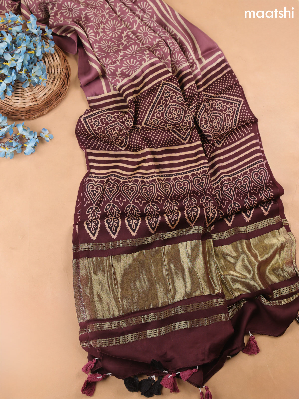 Mauve Pink Modal Dress Material With Allover Ajrak Prints