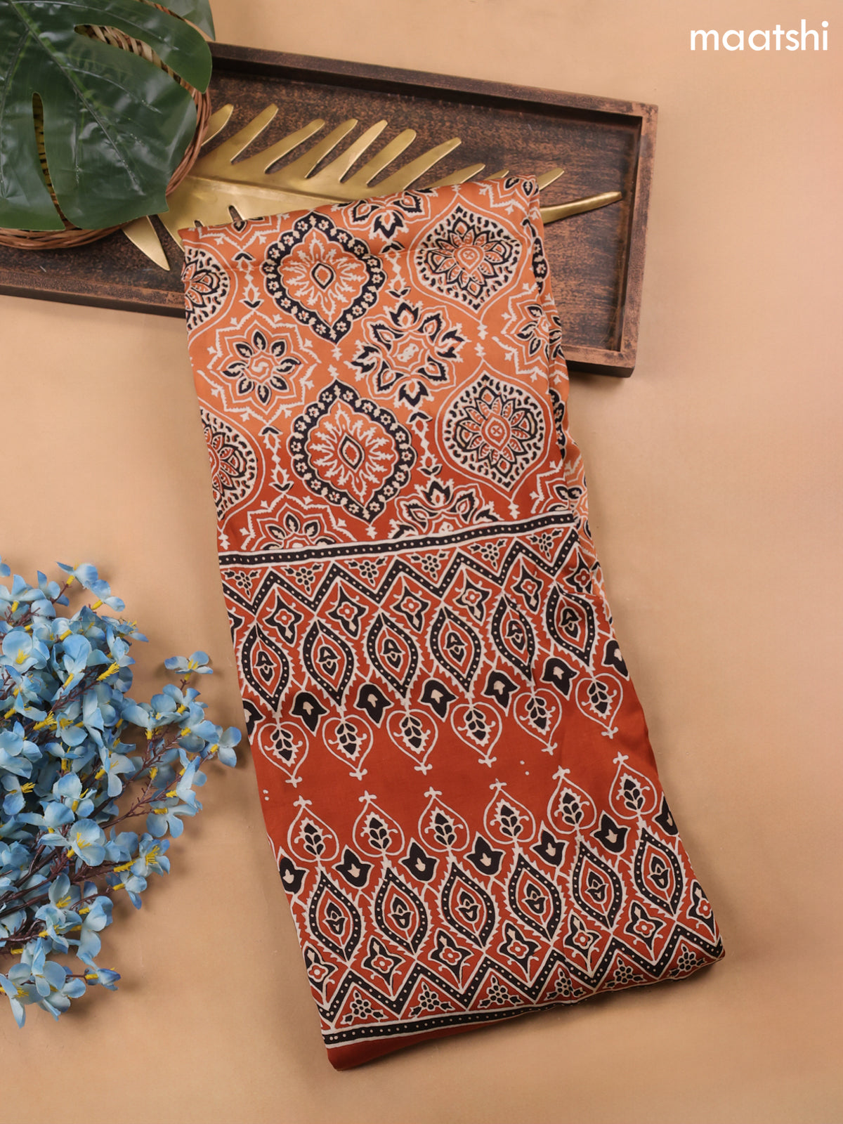 Pale Orange Modal Dress Material With Allover Ajrak Prints