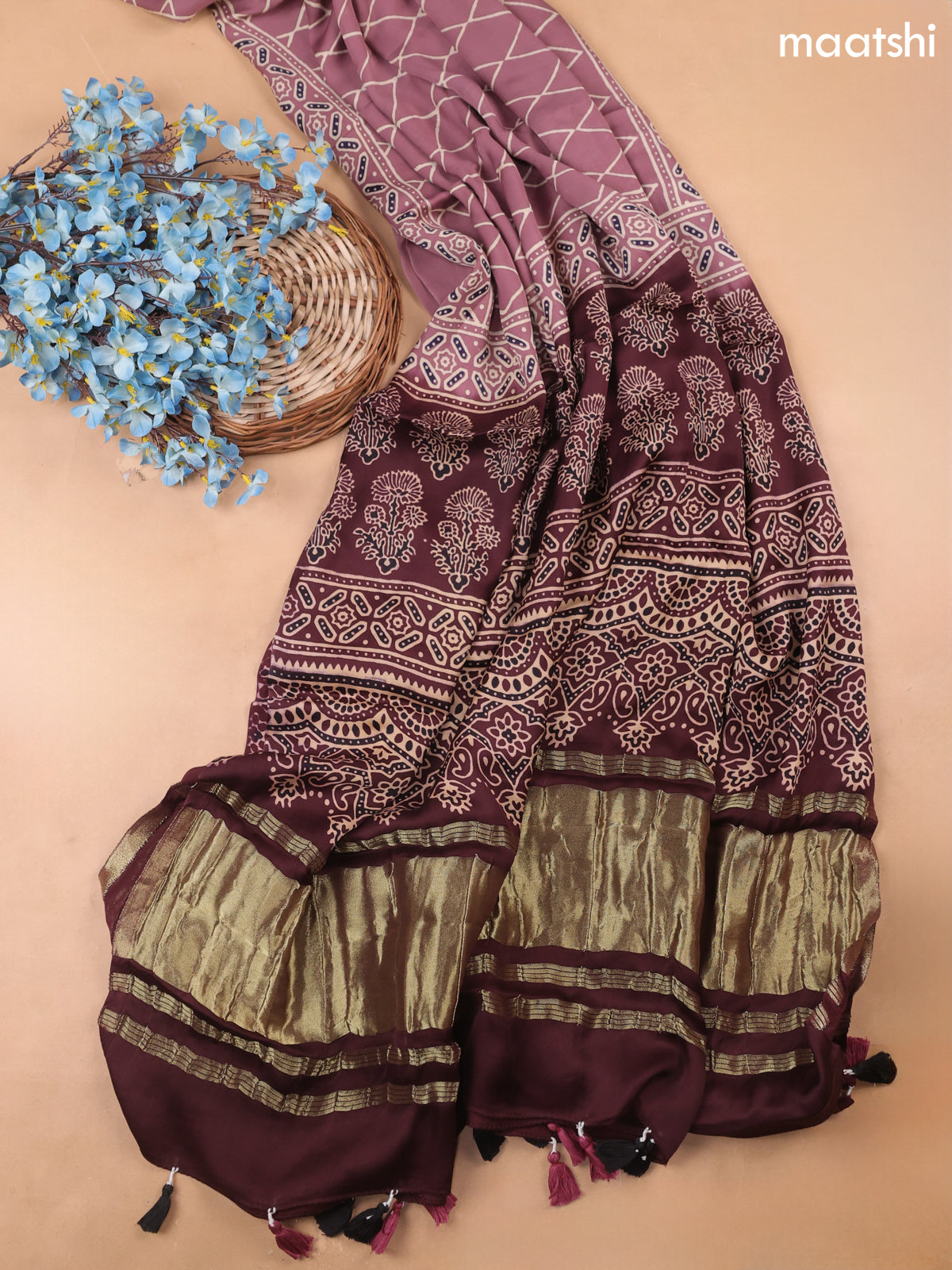 Mauve Pink Modal Dress Material With Allover Ajrak Prints
