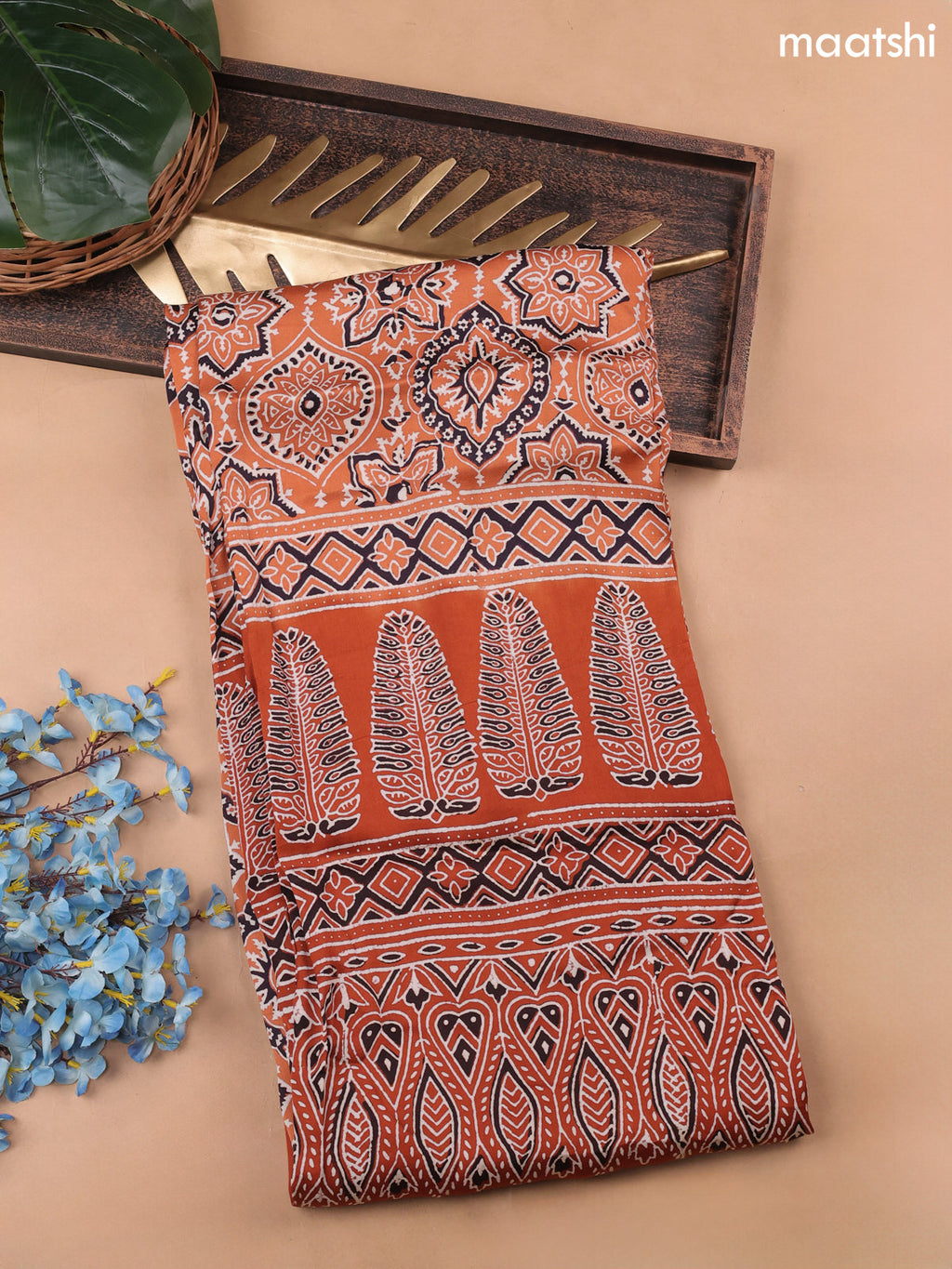 Pale Orange Modal Dress Material With Allover Ajrak Prints